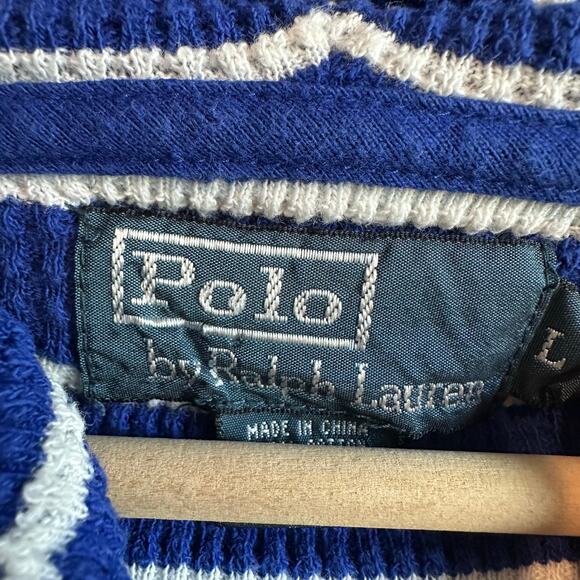 Polo Ralph Lauren Vintage Thermal Hooded Henley Waffle Knit Shirt Blue L - Picture 2 of 9